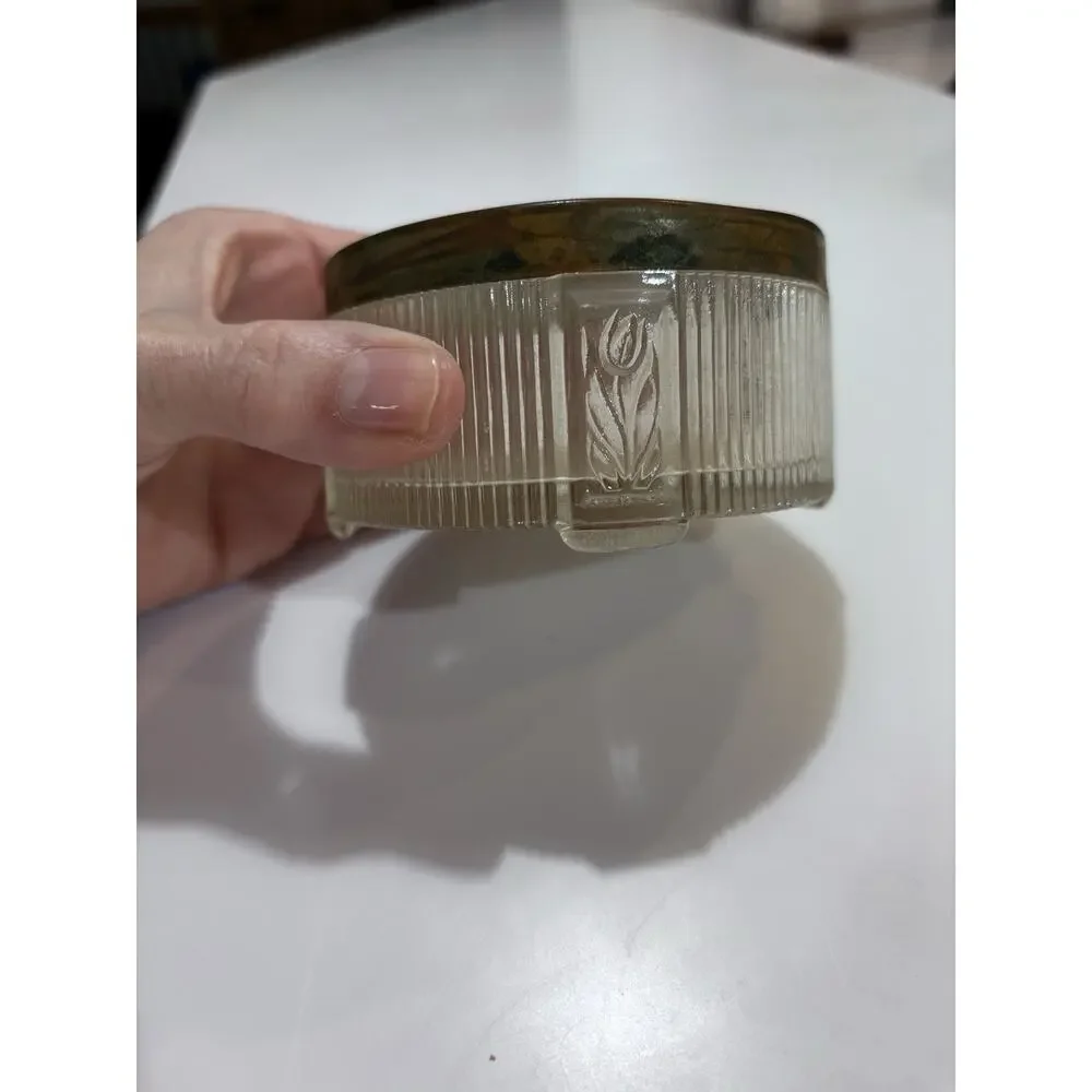Vintage Glass Vanity Powder Jar Floral Lid Brass Rim Trinket Cottage Shabby Chic